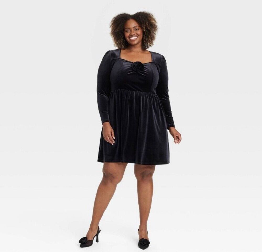 Ava & Viv Women's Long Sleeve Rosette Midi A-Line Dress -Black XXL NWT
